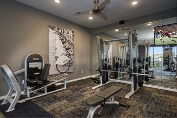 a gym with weights and cardio equipment and a tv  at Watermark on Twenty Mile, Parker, CO